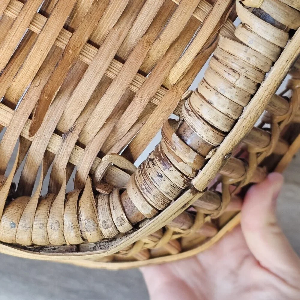 Vintage Bamboo Reed Gathering Basket Handle 10x14x12 5‎ Inches Deep Boho Decor